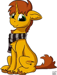 Size: 1500x1966 | Tagged: safe, artist:dsksh, derpibooru import, oc, oc:agent diego, unofficial characters only, pony, unicorn, chest fluff, clothes, green eyes, horn, image, looking at you, male, one ear down, png, scarf, simple background, sitting, smiling, solo, stallion, striped scarf, transparent background, unicorn oc, unshorn fetlocks