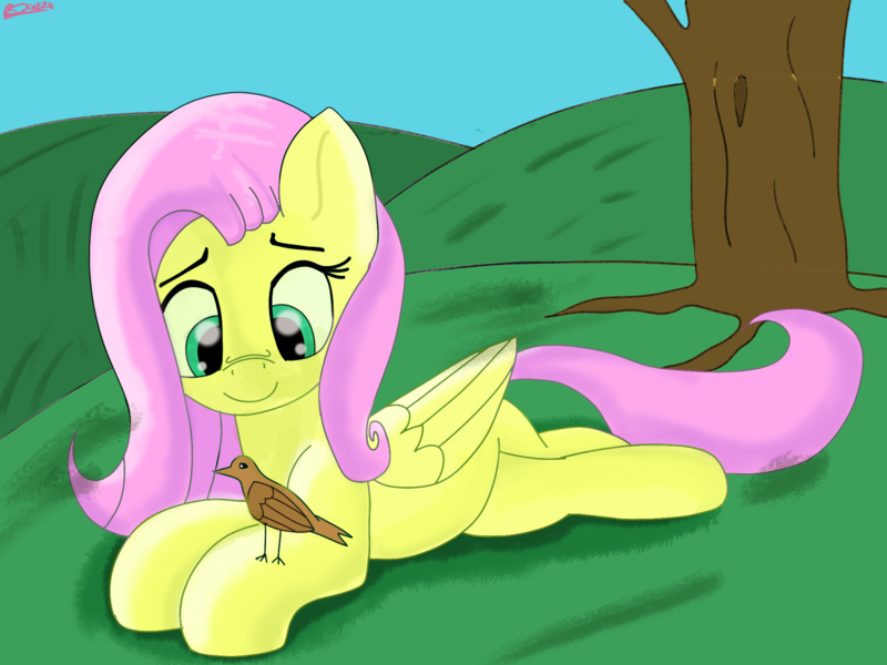 Size: 2000x1500 | Tagged: safe, artist:bazza, derpibooru import, fluttershy, bird, pegasus, pony, crossed legs, cute, g4, happy, hill, image, looking at something, lying down, photoshop, png, roots, scenery, shyabetes, side, signature, simple background, simple shading, smiling, tree, wings