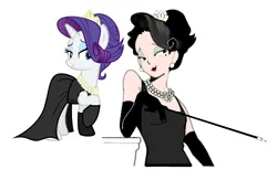 Size: 1296x847 | Tagged: safe, artist:bixels, derpibooru import, rarity, human, pony, unicorn, alternate hairstyle, black dress, breakfast at tiffany's, bust, cigarette, cigarette holder, clothes, dress, ear piercing, earring, evening gloves, female, gloves, horn, humanized, image, jewelry, lidded eyes, lipstick, long gloves, mare, mole, natural hair color, necklace, pearl earrings, pearl necklace, piercing, png, smiling, solo, the grand galloping 20s, tiara