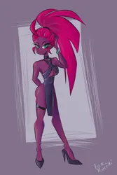 Size: 2000x3000 | Tagged: safe, artist:reine morte shi, derpibooru import, tempest shadow, human, equestria girls, alternate hairstyle, bracelet, clothes, collar, dress, equestria girls-ified, high heels, image, jewelry, png, ponytail, shoes, storm king's emblem, thigh bands