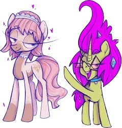 Size: 997x1042 | Tagged: safe, artist:overlord pony, derpibooru import, oc, oc:electra inkblot, oc:nuclear blossom, unofficial characters only, earth pony, unicorn, glasses, headband, horn, image, jewelry, lidded eyes, necklace, png, simple background, sparkles, transparent background