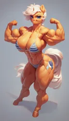 Size: 768x1344 | Tagged: prompter needed, safe, ai content, derpibooru import, machine learning generated, oc, unnamed oc, unofficial characters only, anthro, pony, unguligrade anthro, unicorn, abs, biceps, big breasts, bikini, bodybuilder, breasts, busty oc, calves, clothes, female, flexing, gray background, horn, image, looking at you, mare, muscles, muscular female, pecs, png, simple background, solo, striped bikini, swimsuit, thighs, thunder thighs, triceps