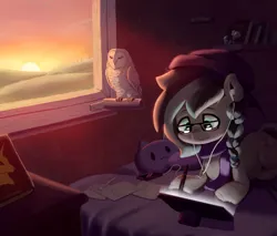 Size: 1280x1088 | Tagged: safe, artist:justgaduh, derpibooru import, oc, unofficial characters only, bird, earth pony, owl, pony, bed, braid, drawing, drawing tablet, female, image, jpeg, lying down, mare, prone, solo, sunset