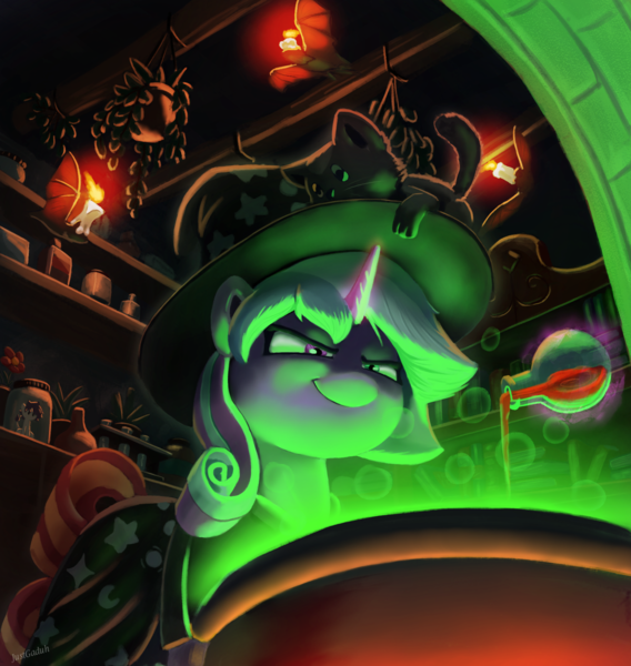Size: 1800x1900 | Tagged: safe, artist:justgaduh, derpibooru import, oc, unofficial characters only, bat, cat, pony, unicorn, candle, cauldron, cloak, clothes, commission, female, hat, heterochromia, horn, image, jar, magic, mare, png, potion, telekinesis, thing in a jar, witch hat