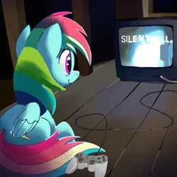 Size: 2048x2048 | Tagged: safe, artist:chipchapp, derpibooru import, rainbow dash, pegasus, pony, cable, controller, crt, female, folded wings, g4, high res, image, looking at something, mare, playstation, png, silent hill, sitting, smiling, solo, television, wings