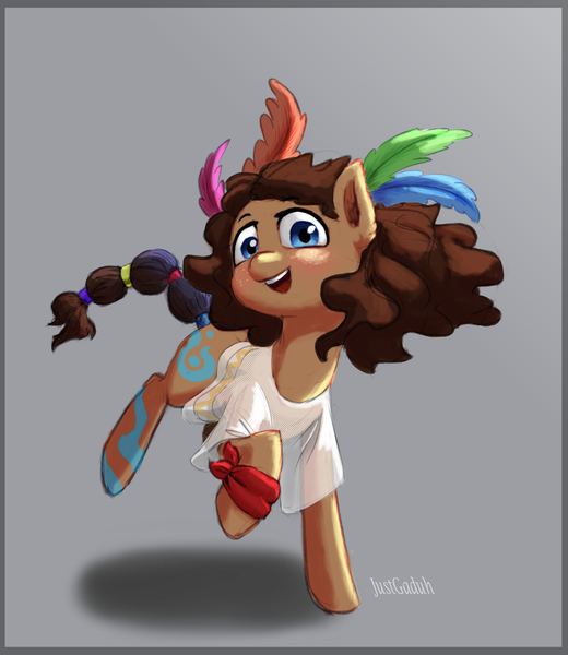Size: 2600x3000 | Tagged: safe, artist:justgaduh, derpibooru import, oc, unofficial characters only, earth pony, pony, clothes, feather, feather in hair, female, gray background, image, mare, png, shirt, simple background, solo