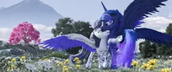 Size: 3440x1440 | Tagged: safe, artist:thelunagames, derpibooru import, princess luna, oc, oc:crystalmoon, alicorn, pegasus, pony, friendship is magic, 3d, 4k, blender, cinema4d, flower, g4, hair, high res, image, photoshop, png, spread wings, tree, ultra widescreen, wings