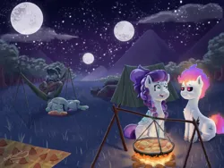 Size: 2200x1658 | Tagged: safe, artist:justgaduh, derpibooru import, oc, unofficial characters only, bat pony, earth pony, pony, basket, beard, black sclera, campfire, camping, cooking, facial hair, female, fire, fire hair, glasses, guitar, hammock, image, lying down, male, mare, multiple moons, musical instrument, night, picnic basket, picnic blanket, png, pot, prone, scenery, sleeping, stallion, stew, tent