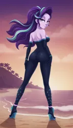 Size: 1152x2016 | Tagged: safe, ai content, derpibooru import, machine learning generated, stable diffusion, starlight glimmer, human, equestria girls, equestria girls series, the other side, bare shoulders, beach, bodysuit, breasts, butt, clothes, cloud, dawn, evening gloves, female, g4, generator:pony diffusion v6 xl, gloves, hand on hip, high heels, image, jpeg, lidded eyes, long gloves, looking at you, looking back, looking back at you, ocean, outdoors, palm tree, pose, prompter:siber, rear view, shoes, sideboob, smiling, smiling at you, solo, strapless, tree, water, windswept hair