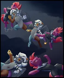Size: 1900x2300 | Tagged: safe, artist:justgaduh, derpibooru import, tempest shadow, draconequus, pony, semi-anthro, unicorn, armor, black eye, chest fluff, clothes, duo, female, fight, hoof shoes, horn, image, kicking, lying down, male, mare, png, punch, sparks, torn clothes
