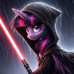 Size: 1024x1024 | Tagged: safe, ai content, derpibooru import, machine learning generated, prompter:doomguy397, twilight sparkle, crossover, generator:dall-e 3, image, jpeg, lightsaber, looking at you, rain, solo, star wars, weapon