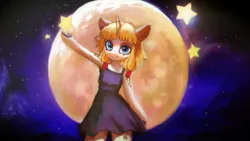 Size: 1920x1080 | Tagged: safe, artist:hierozaki, derpibooru import, oc, oc:syl, unofficial characters only, semi-anthro, unicorn, clothes, dress, full moon, horn, image, looking at you, moon, png, smiling, smiling at you, solo, stars, tangible heavenly object, unicorn oc