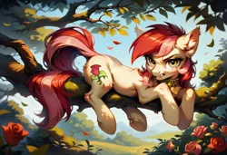 Size: 1216x832 | Tagged: safe, ai content, derpibooru import, machine learning generated, prompter:doom9454, stable diffusion, roseluck, pony, angry, behaving like a cat, collar, fangs, flower, fluffy, generator:pony diffusion v6 xl, image, looking at you, lying down, pet tag, png, pony pet, rose, rosepet, tree