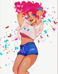 Size: 1170x1497 | Tagged: safe, artist:chloe dawn, artist:eggheadscientist, derpibooru import, pinkie pie, human, abstract background, arm behind head, belly button, clothes, confetti, cutie mark, cutie mark on clothes, denim, denim shorts, female, g4, humanized, image, jpeg, midriff, open mouth, open smile, ponytail, shorts, smiling, solo, thighs