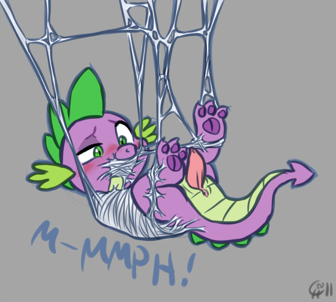 Size: 1016x912 | Tagged: explicit, artist:cobaltsynapse, spike, dragon, anus, blushing, bondage, cloaca, erection, foalcon, gag, genital slit, image, male, nudity, penis, png, solo, spider web, suspended, underage, web gag