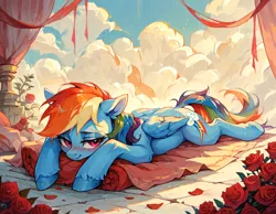 Size: 1152x896 | Tagged: safe, ai content, derpibooru import, machine learning generated, prompter:gullveigai, stable diffusion, rainbow dash, pegasus, pony, bedroom eyes, blushing, flower, g4, generator:pony diffusion v6 xl, image, png, rose, solo