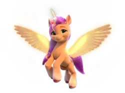 Size: 1890x1406 | Tagged: safe, derpibooru import, official, sunny starscout, alicorn, pony, g5, my little pony: a new generation, my little pony: make your mark, 3d, artificial horn, artificial wings, augmented, belly, cgi, coat markings, cute, female, flying, horn, image, looking at you, magic, magic horn, magic wings, mane stripe sunny, mare, png, race swap, simple background, smiling, smiling at you, socks (coat marking), solo, sunnybetes, sunnycorn, transparent background, unshorn fetlocks, wings