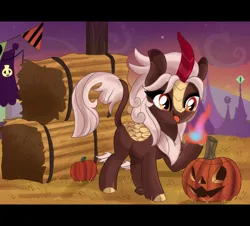 Size: 2770x2500 | Tagged: safe, artist:spookyle, derpibooru import, oc, oc:autumn rain, unofficial characters only, kirin, cute, female, fire, halloween, hay bale, high res, holiday, image, jack-o-lantern, kirinbetes, png, pumpkin, solo