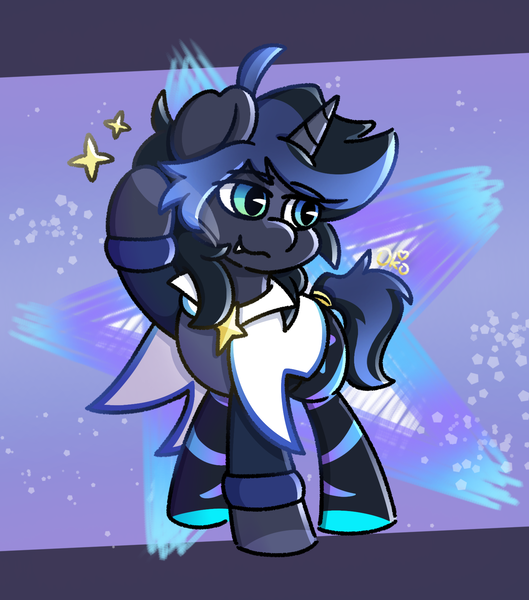 Size: 1500x1700 | Tagged: safe, artist:okopod, derpibooru import, oc, oc:onyx star, unofficial characters only, bat pony, bat pony unicorn, hybrid, pony, unicorn, abstract background, bat eyes, bat pony oc, bat wings, cloak, clothes, colored hooves, colorful, fangs, heterochromia, horn, hybrid oc, image, leg stripes, male, png, smiling, smug, solo, stallion, stars, stripes, wings