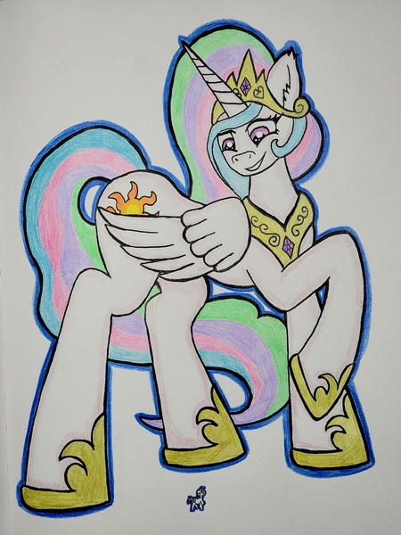 Size: 2862x3817 | Tagged: safe, artist:shrimp-sauce, derpibooru import, princess celestia, oc, oc:vanilla beam, alicorn, pony, giantlestia, image, jpeg, macro, traditional art