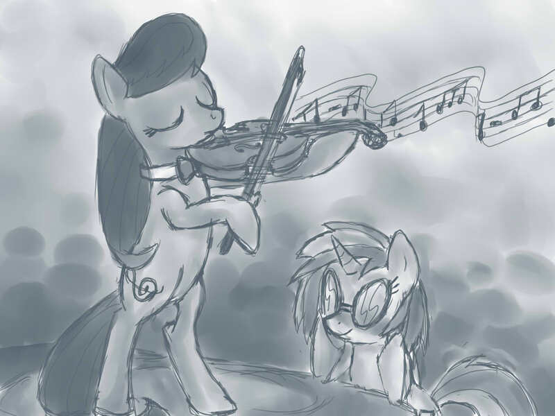 Size: 1400x1050 | Tagged: safe, artist:lostwolfen, derpibooru import, octavia melody, vinyl scratch, earth pony, pony, unicorn, bipedal, comic, duo, eyes closed, female, g4, horn, image, jpeg, mare, monochrome, music, music notes, musical instrument, violin