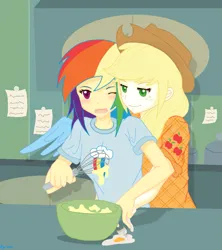 Size: 891x1004 | Tagged: safe, artist:kyriena, derpibooru import, applejack, rainbow dash, human, appledash, baking, female, g4, hat, humanized, image, lesbian, png, sage, shipping, whisk, wings