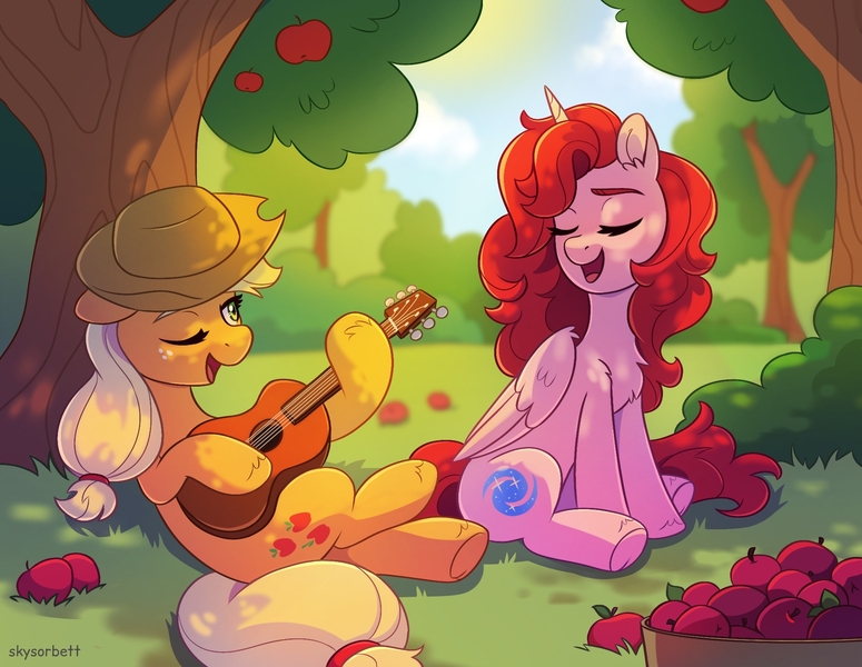 Size: 1966x1522 | Tagged: safe, artist:skysorbett, derpibooru import, applejack, oc, oc:ruby shine, alicorn, pony, alicorn oc, apple, apple tree, applejack's hat, chest fluff, colored eyebrows, cowboy hat, duo, duo female, ear fluff, eyebrows, eyes closed, female, folded wings, food, freckles, g4, guitar, hat, hoof fluff, horn, image, jpeg, lying down, mare, musical instrument, not pinkie pie, on back, one eye closed, open mouth, open smile, outdoors, sitting, smiling, tree, underhoof, wings