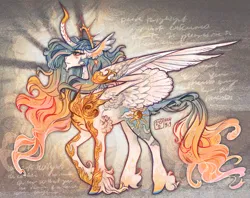 Size: 1772x1400 | Tagged: safe, artist:nevgig, derpibooru import, princess celestia, pony, abstract background, alternate cutie mark, alternate design, alternate mane color, alternate tail color, beard, chest fluff, chin fluff, colored hooves, concave belly, curved horn, ethereal mane, ethereal tail, eyebrows, eyebrows visible through hair, eyelashes, facial hair, female, fetlock tuft, g4, glow, halo, horn, horn cap, image, jpeg, leg fluff, long horn, long legs, looking up, mare, multicolored coat, multicolored mane, multicolored tail, partially open wings, profile, raised hoof, redesign, signature, smiling, solo, standing, tail, twitterina design, wavy mane, wavy tail, wing ears, wing fluff, wings