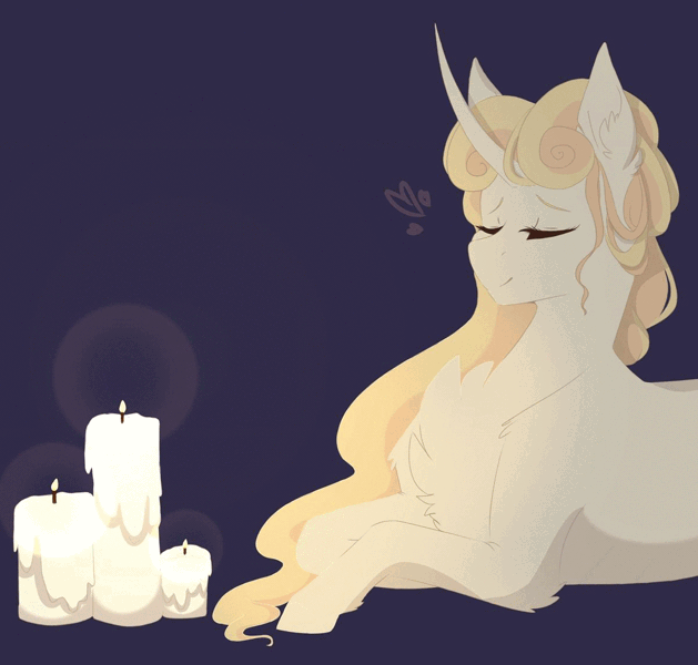Size: 1200x1144 | Tagged: safe, artist:pixelberrry, derpibooru import, oc, pony, unicorn, animated, candle, chest fluff, female, gif, horn, image, leg fluff, lying down, mare, prone, solo