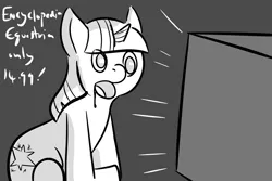 Size: 1800x1200 | Tagged: safe, artist:underwoodart, derpibooru import, twilight sparkle, book, derp, derpibooru exclusive, doodle, drool, gray background, grayscale, image, jpeg, monochrome, simple background, television, text, that pony sure does love books