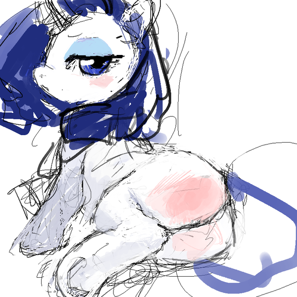 Size: 800x800 | Tagged: safe, artist:bronzecatworld, derpibooru import, rarity, unicorn, butt, butt blush, butt focus, g4, horn, image, looking at you, looking back, looking back at you, plot, png, rarity is not amused, rearity, reddened butt, traditional art, unamused