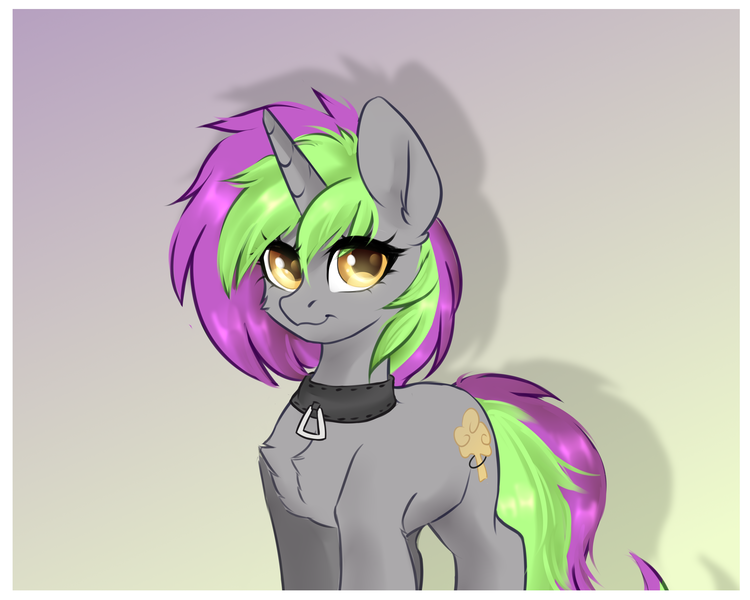 Size: 5000x4000 | Tagged: artist needed, safe, derpibooru import, oc, oc:frenzy nuke, unofficial characters only, pony, unicorn, chest fluff, collar, gradient background, horn, image, png, solo