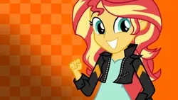 Size: 3840x2160 | Tagged: safe, artist:octosquish7260, derpibooru import, sunset shimmer, human, equestria girls, checkered background, female, g4, image, png, smiling