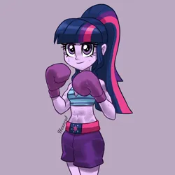 Size: 3000x3000 | Tagged: safe, artist:hexecat, derpibooru import, sci-twi, twilight sparkle, human, equestria girls, abs, belly, belly button, biceps, boxing, boxing gloves, clothes, female, fit, g4, image, midriff, missing accessory, muscles, png, ponytail, raised arms, raised fist, shorts, slender, solo, sports, sports bra, sports panties, sweat, thin