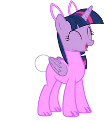 Size: 828x927 | Tagged: safe, artist:lizzmcclin, derpibooru import, twilight sparkle, twilight sparkle (alicorn), alicorn, pony, animal costume, bunny costume, bunny ears, clothes, costume, eyes closed, female, g4, image, open mouth, open smile, png, simple background, smiling, solo, transparent background