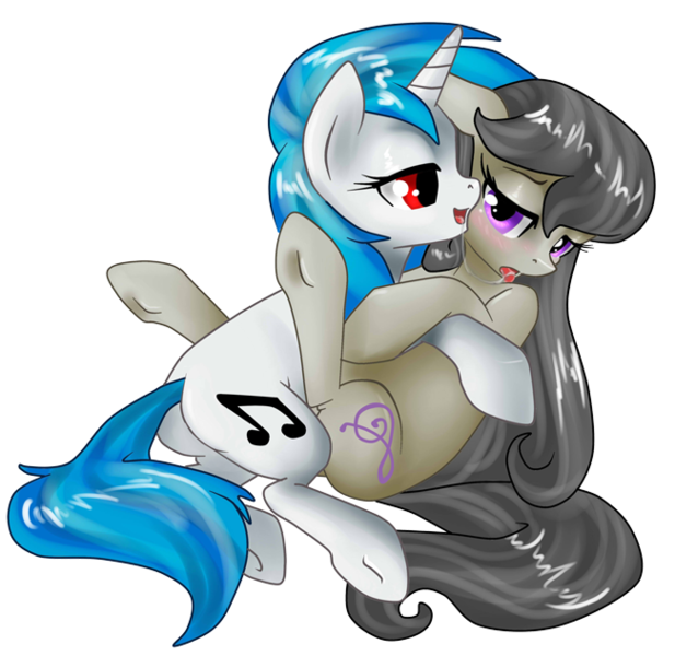 Size: 650x632 | Tagged: suggestive, artist:sugarcup, derpibooru import, octavia melody, vinyl scratch, earth pony, pony, unicorn, blushing, butt, drool, drool string, female, g4, hooves, horn, image, kissing, lesbian, mare, open mouth, plot, png, scratchtavia, shipping, simple background, sloppy kissing, tongue out, transparent background, underhoof