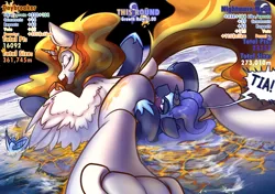 Size: 2048x1440 | Tagged: suggestive, artist:ravistdash, derpibooru import, daybreaker, nightmare moon, princess celestia, princess luna, alicorn, pony, blushing, butt, butt grab, butt touch, daybutt, destruction, dialogue box, earth, faceful of ass, facesitting, female, giant pony, giantess, grope, growth drive, hoof on butt, hoof shoes, image, lesbian, macro, mare, png, sunbutt, underhoof, wings