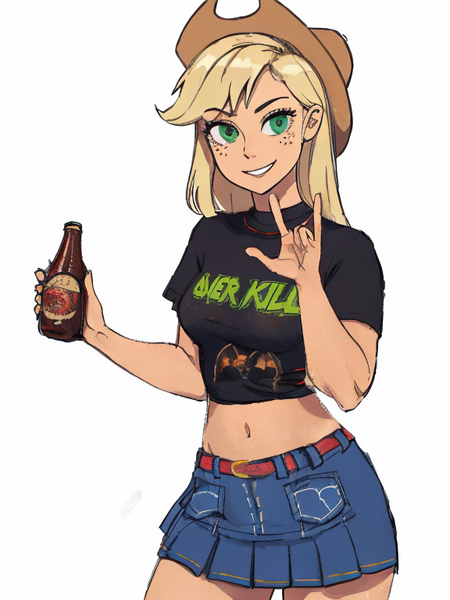 Size: 576x768 | Tagged: safe, ai content, derpibooru import, machine learning generated, prompter:hqdmusthave, applejack, human, equestria girls, rainbow rocks, alcohol, beer, beer bottle, belly button, big breasts, bottle, breasts, busty applejack, clothes, cowboy hat, denim, denim skirt, female, g4, goat horns, hat, horns, image, looking at you, metal, overkill, png, rock, skirt, smiling, solo, solo female, standing, stupid sexy applejack