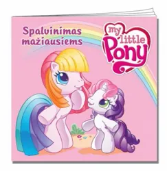 Size: 437x450 | Tagged: safe, derpibooru import, official, sweetie belle (g3), g3, book, cover, egmont, g3.5, image, jpeg, lithuania, lithuanian, logo, merchandise, pink background, rainbow, simple background, smiling, standing, thinking, toola-roola