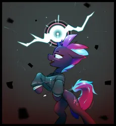 Size: 1398x1518 | Tagged: safe, artist:deafjaeger, derpibooru import, oc, oc:tempest revenant, unofficial characters only, pony, unicorn, action pose, attack, bipedal, clothes, hoodie, horn, image, looking at something, magic, open mouth, outfit, particles, png, simple background, solo, spell, standing, standing on two hooves, suit