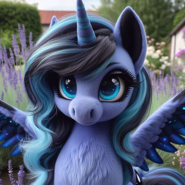 Size: 1024x1024 | Tagged: safe, ai content, machine learning generated, ponerpics import, ponybooru import, princess luna, alicorn, pony, bing, bust, chest fluff, colored wings, female, fluffy, image, jpeg, lavender, mare, multicolored mane, multicolored wings, s1 luna, solo, spread wings, wing fluff, wings