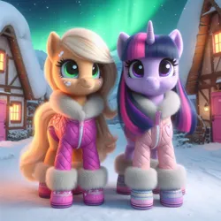 Size: 1024x1024 | Tagged: safe, ai content, machine learning generated, ponerpics import, ponybooru import, applejack, twilight sparkle, earth pony, pony, unicorn, alternate hairstyle, aurora borealis, bing, clothed ponies, clothes, duo, female, hoof boots, image, jpeg, looking at something, looking at you, mare, missing accessory, night, ponyville, smiling, smiling at you, snow, unicorn twilight, winter, winter outfit