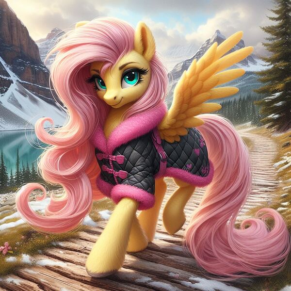 Size: 1024x1024 | Tagged: safe, ai content, machine learning generated, ponerpics import, ponybooru import, fluttershy, pegasus, pony, bing, clothed ponies, clothes, female, fluffy, image, jpeg, long hair, looking at you, mare, mountain, outdoors, solo, spread wings, tree, wings