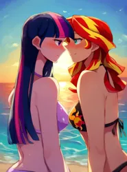 Size: 992x1344 | Tagged: safe, ai content, derpibooru import, machine learning generated, stable diffusion, sunset shimmer, twilight sparkle, human, beach, bikini, blushing, close-up, clothes, female, g4, generator:pony diffusion v6 xl, generator:purplesmart.ai, humanized, image, imminent kissing, jpeg, lesbian, long hair, outdoors, prompter:sammykun, request, requested art, shadow, shipping, side view, sunset, sunsetsparkle, swimsuit