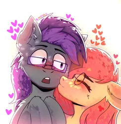 Size: 1464x1498 | Tagged: safe, artist:freak-side, derpibooru import, oc, oc:gray summit, oc:july vortex, unofficial characters only, earth pony, pegasus, pony, blushing, duo, glasses, heart, image, kiss on the cheek, kissing, oc x oc, png, shipping