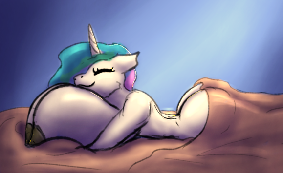Size: 579x355 | Tagged: questionable, artist:ismyaltaccount, derpibooru import, princess celestia, anthro, bed, big breasts, breast pillow, breasts, butt, complete nudity, eyes closed, female, horn, huge breasts, huge butt, image, impossibly large breasts, large butt, lying down, nipples, nudity, png, prone, sleeping, smiling, solo, solo female, wasp waist
