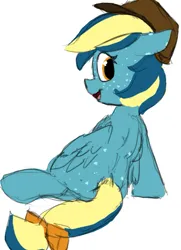 Size: 721x994 | Tagged: safe, artist:hazaplan, ponerpics import, oc, oc:dusty feather, unofficial characters only, pegasus, pony, aggie.io, bow, female, freckles, happy, hat, image, lying down, mare, png, rear view, simple background, sketch, solo, tail bow, white background