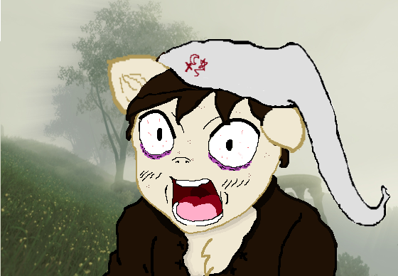 Size: 560x388 | Tagged: safe, artist:atomgatherer, derpibooru import, oc, oc:atomtehtraveller, anthro, earth pony, anthro oc, bags under eyes, freckles, hat, image, oblivion, png, screaming, skooma addiction, solo, the elder scrolls, tired eyes