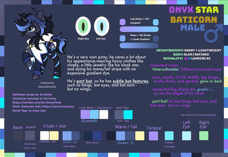 Size: 1600x1106 | Tagged: safe, artist:scrimmypone, artist:tresmariasarts, derpibooru import, oc, oc:onyx star, unofficial characters only, bat pony, bat pony unicorn, hybrid, pony, unicorn, bat eyes, bat pony oc, bat wings, cloak, clothes, colored hooves, colorful, fangs, gradient mane, gradient tail, heterochromia, horn, hybrid oc, image, leg stripes, male, png, reference, reference sheet, smiling, solo, stallion, stars, stripes, tail, text, wings