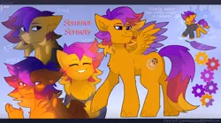 Size: 2700x1500 | Tagged: safe, artist:sinrinf, derpibooru import, oc, oc:summer sunsets, unofficial characters only, pegasus, pony, angry, bust, claws, clothes, commission, emotions, feather, female, full body, gears, image, mare, png, portrait, reference sheet, smiling, solo, spread wings, sweater, wings, ych result